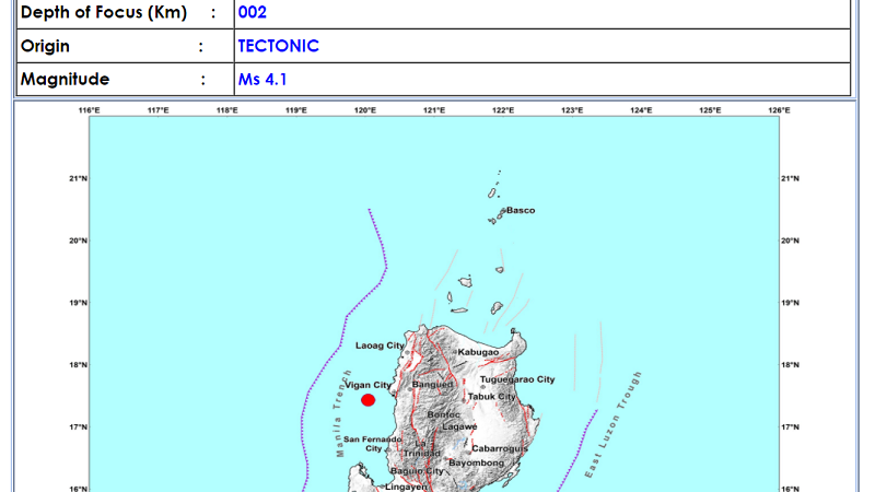 Vigan City, Ilocos Sur niyanig ng magnitude 4.1 na lindol