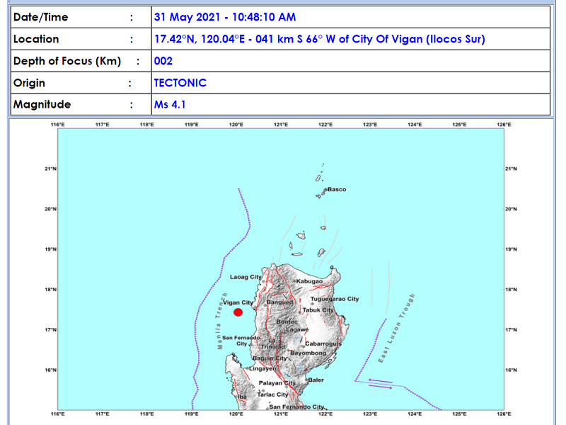 Vigan City, Ilocos Sur niyanig ng magnitude 4.1 na lindol