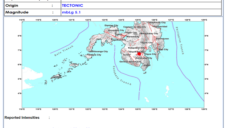 Magsaysay, Davao Del Sur niyanig ng magnitude 5.1 na lindol