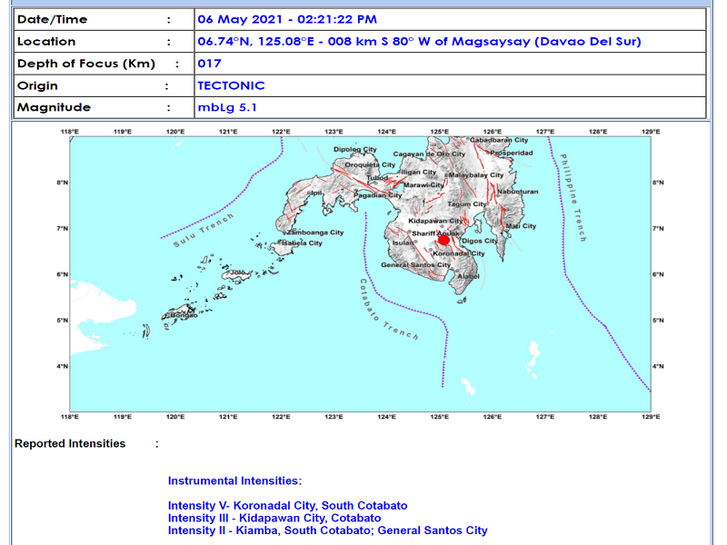 Magsaysay, Davao Del Sur niyanig ng magnitude 5.1 na lindol