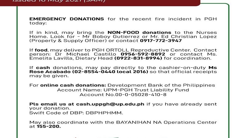 PGH nanawagan ng donasyon matapos ang nangyaring sunog