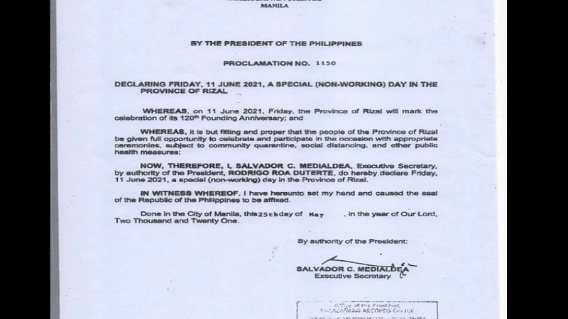 June 11 idineklarang holiday ng Malakanyang sa lalawigan ng Rizal