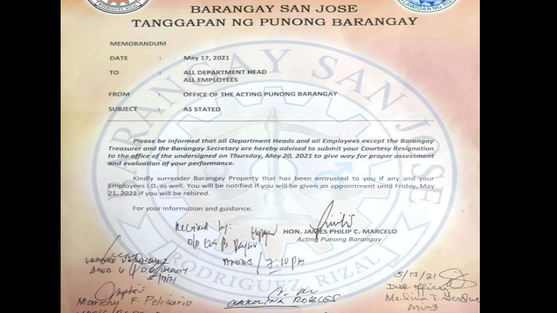 Lahat ng empleyado ng Barangay San Jose sa Montalban, Rizal pinagbibitiw sa pwesto