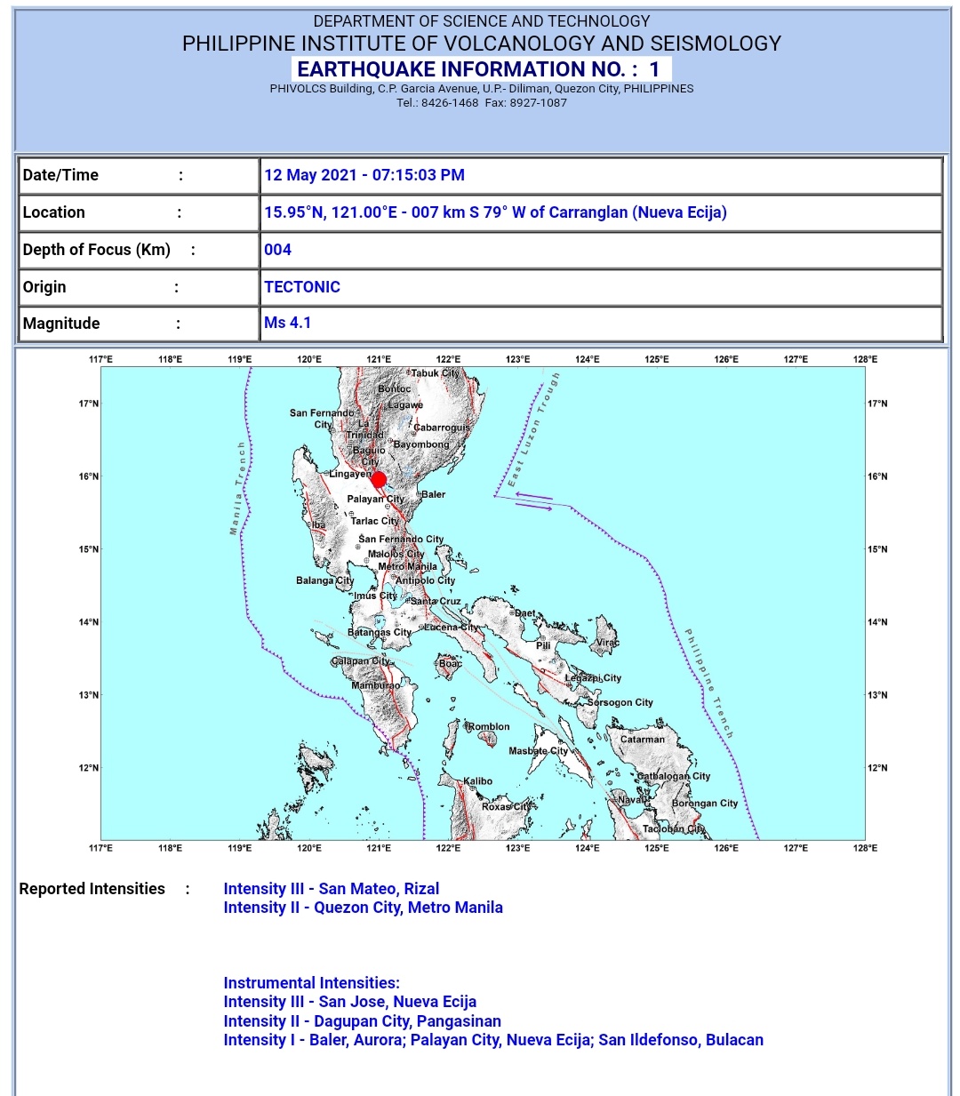 Carranglan, Nueva Ecija niyanig ng magnitude 4.1 na lindol