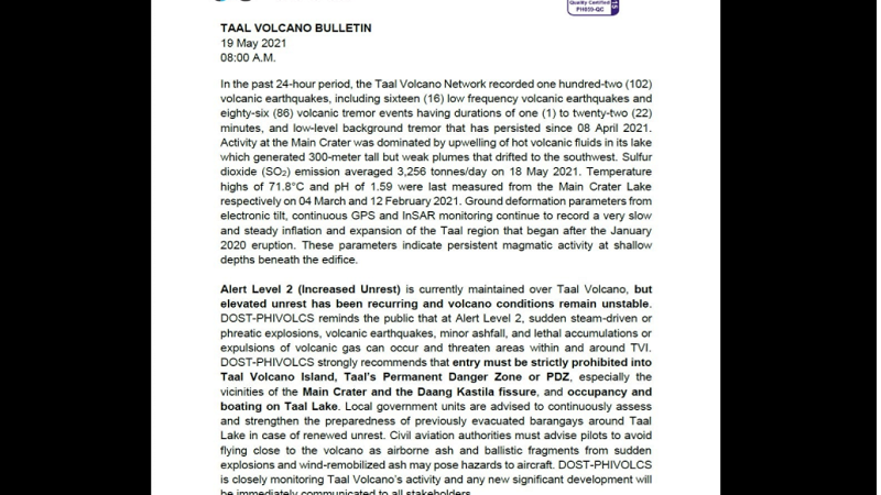 102 na volcanic earthquakes naitala sa Bulkang Taal