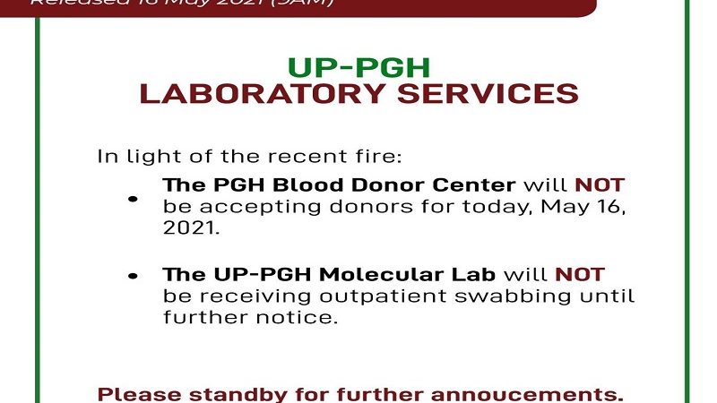 PGH titigil muna sa pagtanggap ng blood donation sa kanilang Blood Donor Center; hindi rin muna tatanggap ng outpatient swabbing