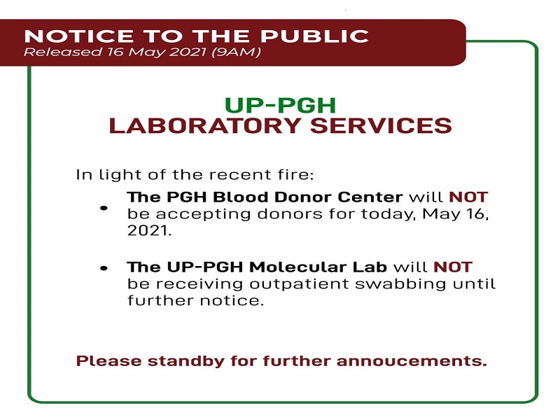 PGH titigil muna sa pagtanggap ng blood donation sa kanilang Blood Donor Center; hindi rin muna tatanggap ng outpatient swabbing