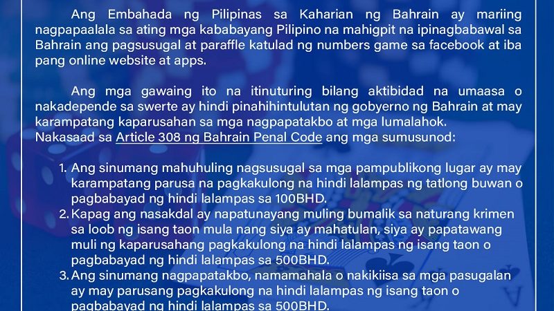 Mga Pinoy sa Bahrain pinaalalahanan sa pagsali sa mga sugal at raffle