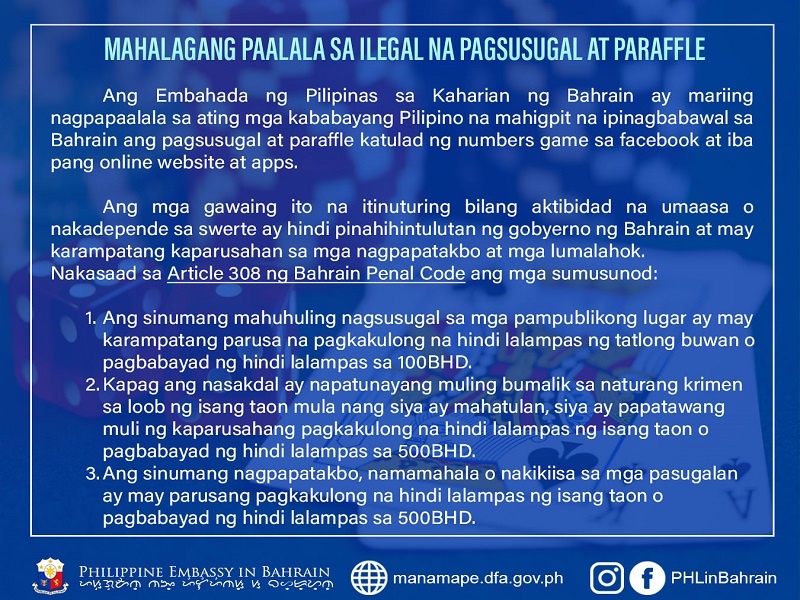 Mga Pinoy sa Bahrain pinaalalahanan sa pagsali sa mga sugal at raffle