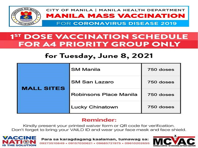 Pagbabakuna sa mga nasa A4 Priority List Group inumpisahan na sa Maynila