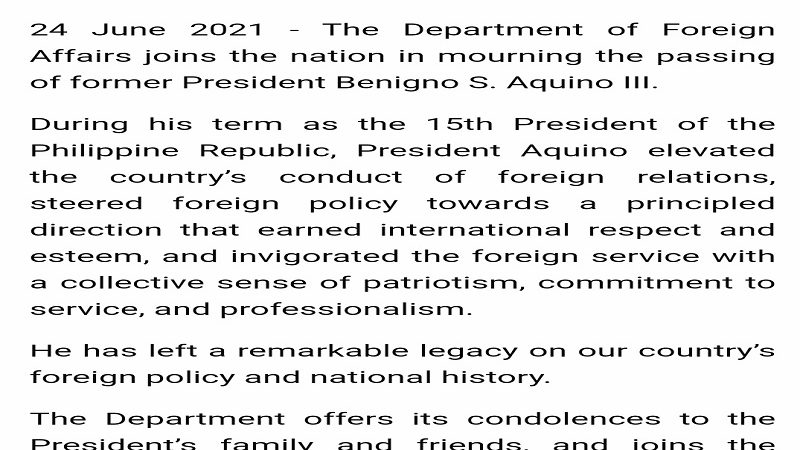 Dating Pangulong Noynoy Aquino nag-iwan ng legasiya sa foreign policy at national history ng Pilipinas ayon sa DFA