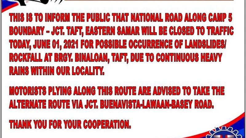 Bahagi ng national road sa Taft, Eastern Samar isinara sa mga motorista