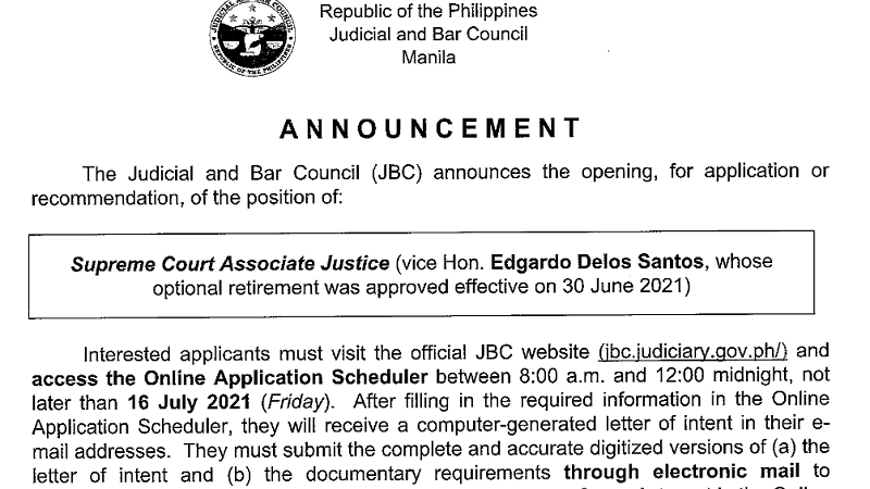 JBC binuksan na ang aplikasyon para sa magiging kapalit ng magreretirong si Associate Justice Edgardo Delos Santos