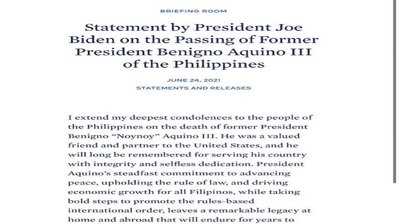 US President Joe Biden nagpaabot ng pakikiramay sa pagpanaw ni dating Pangulong Noynoy Aquino