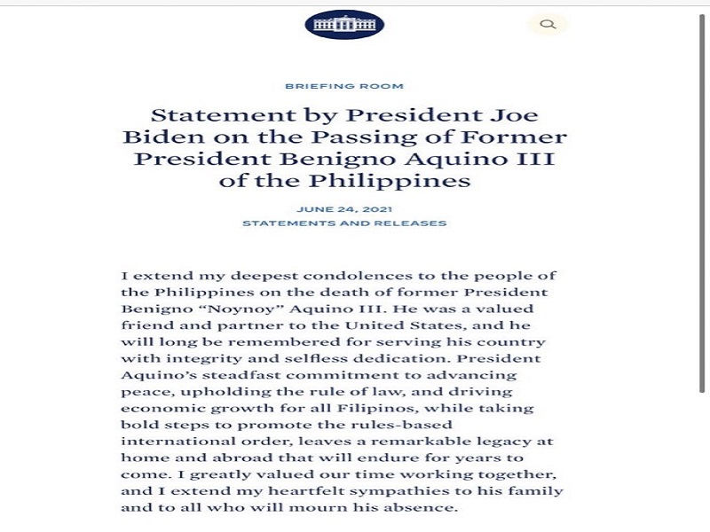 US President Joe Biden nagpaabot ng pakikiramay sa pagpanaw ni dating Pangulong Noynoy Aquino