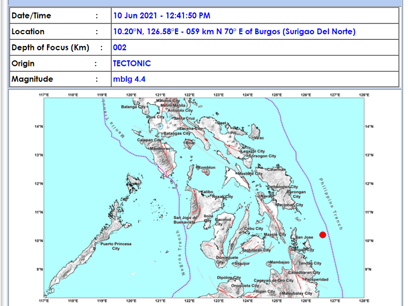 Burgos, Surigao del Norte niyanig ng magnitude 4.4 na lindol