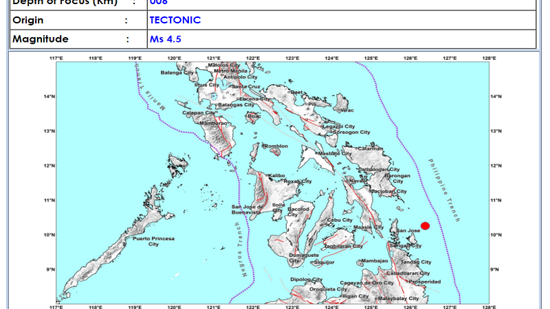 Burgos, Surigao del Norte niyanig ng magnitude 4.5 na lindol