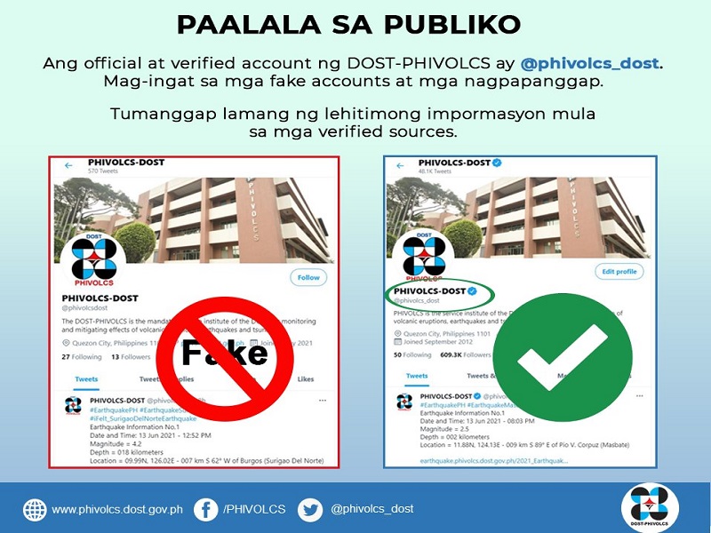 PHIVOLCS nagbabala sa publiko kaugnay sa pekeng Twitter account