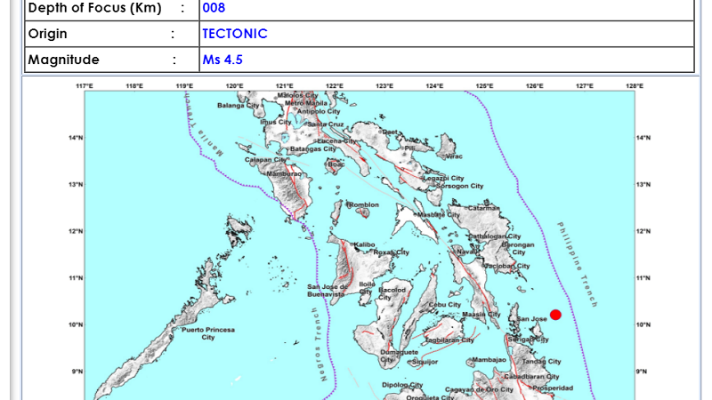 Burgos, Surigao Del Norte niyanig ng magnitude 4.5 na lindol