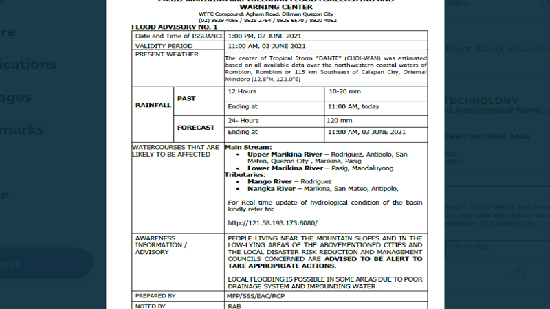 Mga naninirahan malapit sa ilog sa Montalban, Antipolo, San Mateo, QC, Marikina at Pasig pinag-iingat ng PAGASA dahil sa pag-ulan na dulot ng TS Dante