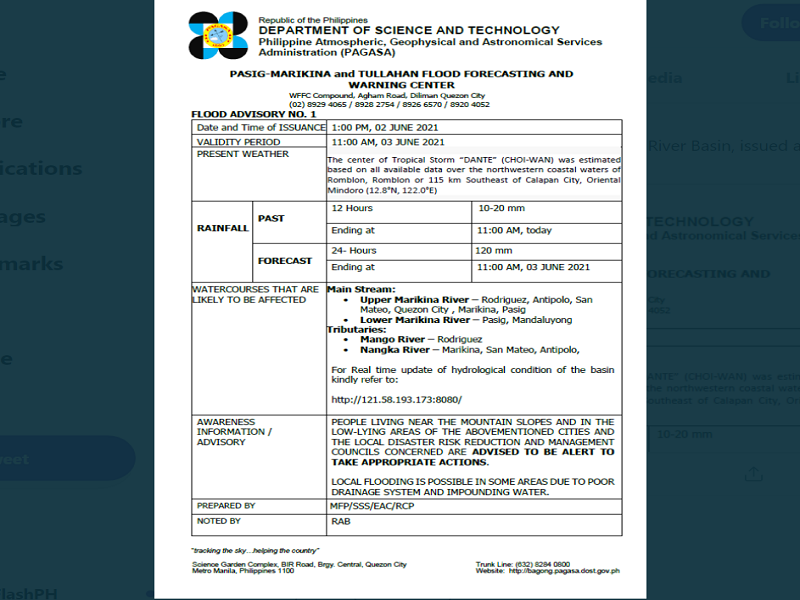 Mga naninirahan malapit sa ilog sa Montalban, Antipolo, San Mateo, QC, Marikina at Pasig pinag-iingat ng PAGASA dahil sa pag-ulan na dulot ng TS Dante