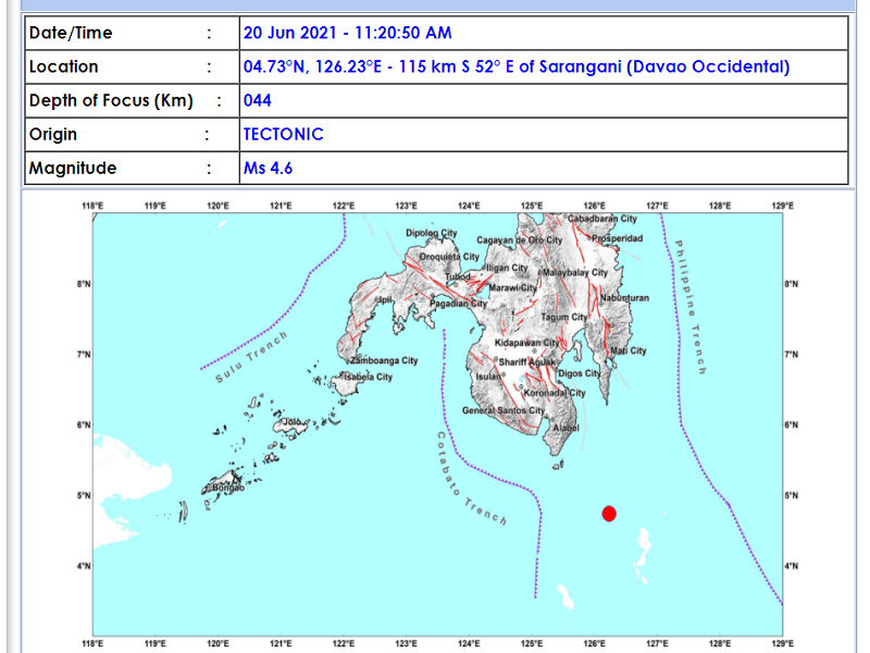 Sarangani, Davao Occidental niyanig ng magnitude 4.6 na lindol