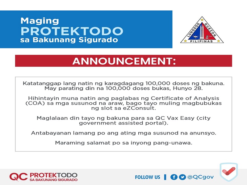 QC LGU tatanggap ng karagdagang 100,000 doses na bakuna