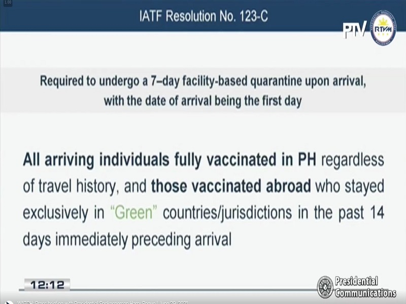 Quarantine sa mga biyaherong fully-vaccinated at galing sa low-risk countries pitong araw na lang ayon sa Malakanyang