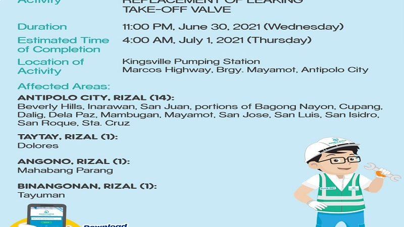 17 barangay sa Rizal mawawalan ng suplay ng tubig