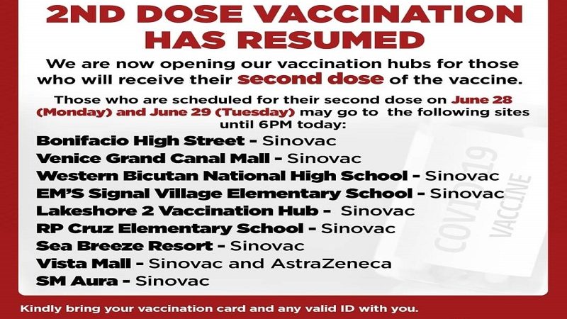 Second dose vaccination sa Taguig itinuloy na