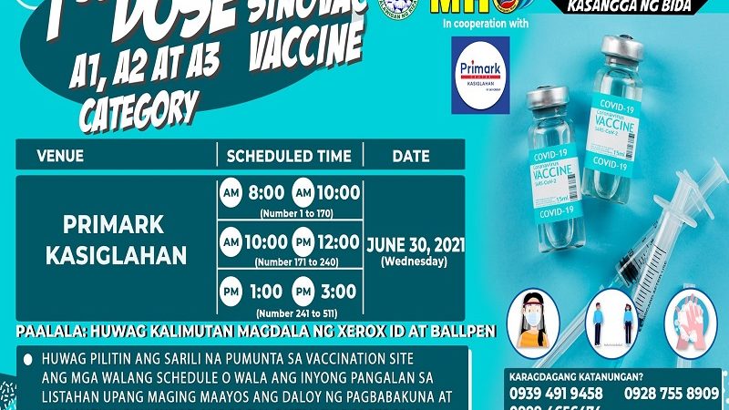 Mahigit 500 na nasa A1 hanggang A3 category babakunahan ng first dose ng COVID-19 vaccine sa Montalban