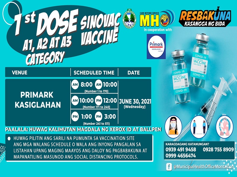 Mahigit 500 na nasa A1 hanggang A3 category babakunahan ng first dose ng COVID-19 vaccine sa Montalban