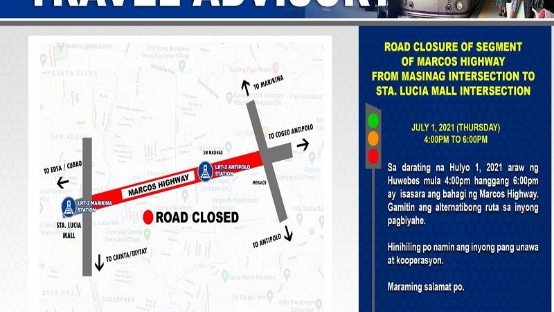 Bahagi ng Marcos Highway isasara sa mga motorista bukas (July 1)