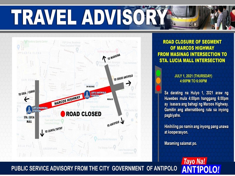 Bahagi ng Marcos Highway isasara sa mga motorista bukas (July 1)