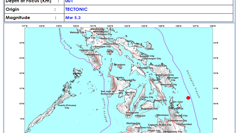 Burgos, Surigao del Sur niyanig ng magnitude 5.3 na lindol