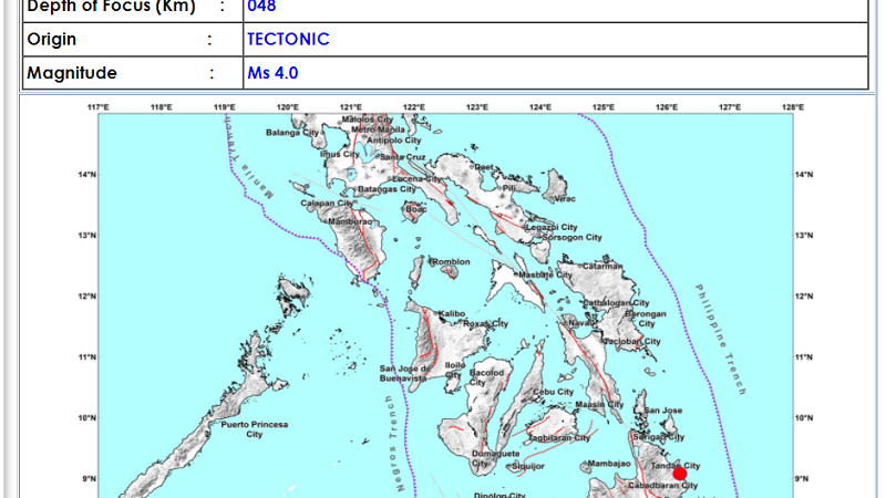 Tandag, Surigao Del Norte niyanig ng magnitude 4.0 na lindol