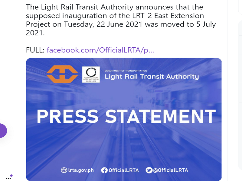 Nakatakdang pagbubukas ng LRT-2 East Extension Project bukas (June 22) hindi matutuloy