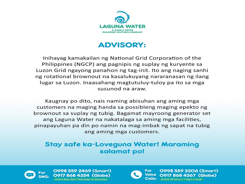 Suplay ng tubig sa Laguna maapektuhan dahil sa rotational brownout