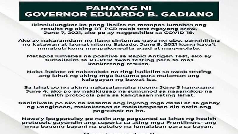 Occidental Mindoro Gov. Eduardo Gadiano nagpositibo sa COVID-19