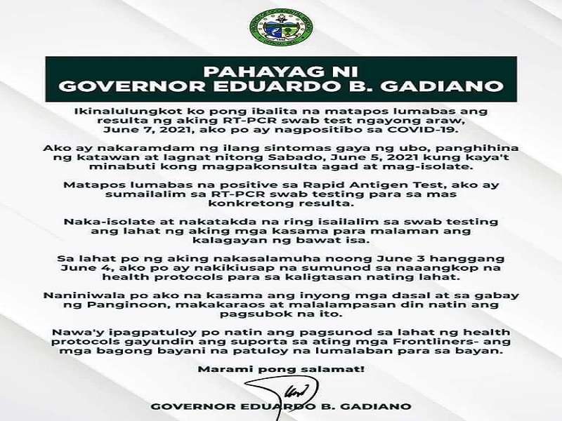 Occidental Mindoro Gov. Eduardo Gadiano nagpositibo sa COVID-19