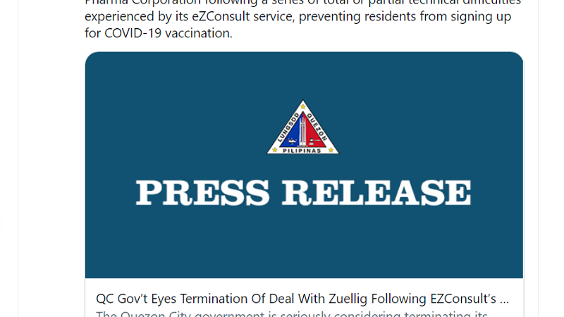 Serbisyo ng kumpanyang Zuellig Pharma Corporation sa eZConsult ng QC planong i-terminate