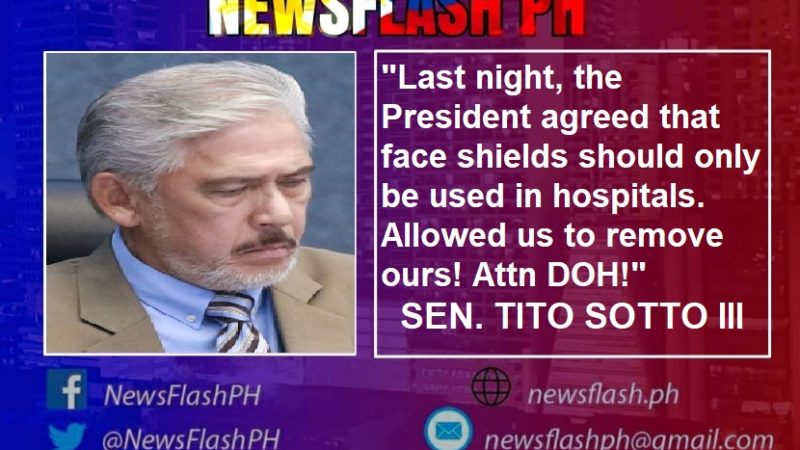 Pang. Duterte sumang-ayon na sa mga ospital lamang dapat gumagamit ng face shields – Sotto