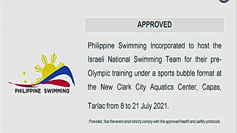 Pre-Olympic training ng Israeli National Swimming Team pinayagang idaos sa New Clark City sa Tarlac