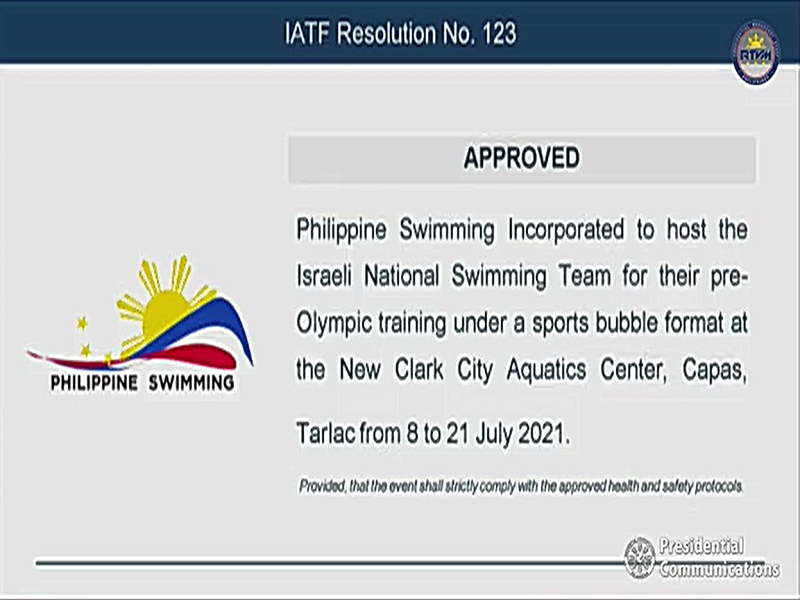 Pre-Olympic training ng Israeli National Swimming Team pinayagang idaos sa New Clark City sa Tarlac