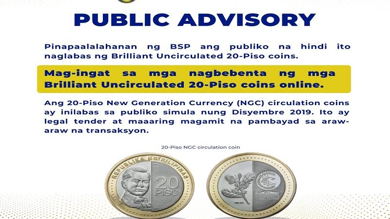 BSP nagbabala kaugnay sa ibinebentang Brilliant Uncirculated 20-peso coin online