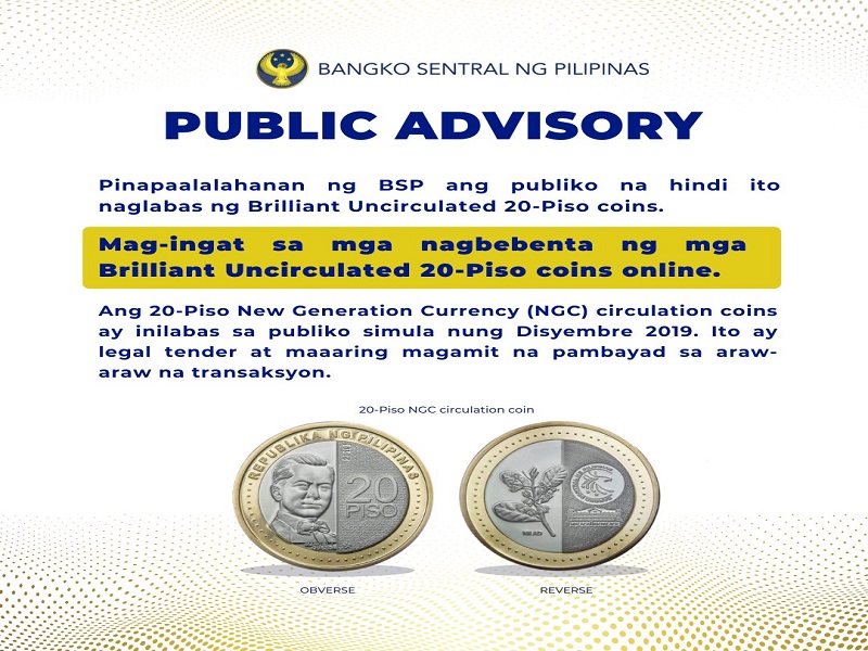 BSP nagbabala kaugnay sa ibinebentang Brilliant Uncirculated 20-peso coin online