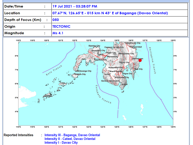 Baganga, Davao Oriental niyanig ng magnitude 4.1 na lindol