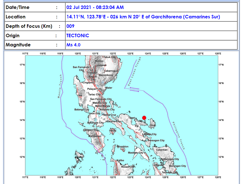 Garchitorena, Camarines Sur niyanig ng magnitude 4.0 na lindol