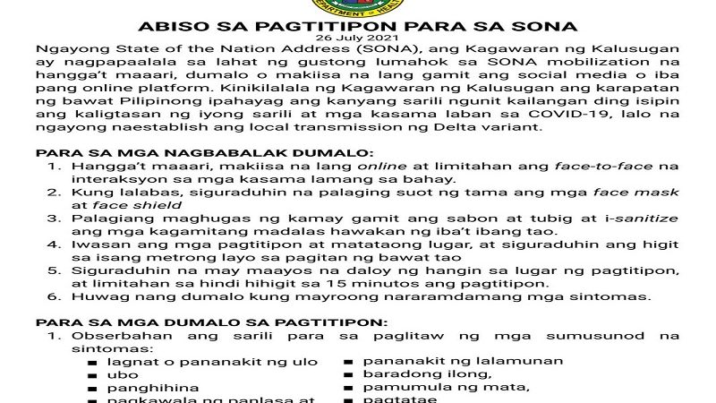 Publiko pinaiiwas ng DOH sa pagtitipun-tipon at pagtungo sa matataong lugar ngayong araw ng SONA ng pangulo