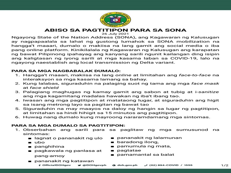 Publiko pinaiiwas ng DOH sa pagtitipun-tipon at pagtungo sa matataong lugar ngayong araw ng SONA ng pangulo